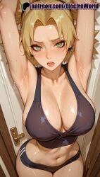 1girls 2025 ai_generated armpits arms_behind_head arms_up artist_name big_breasts big_breasts big_chest blonde_hair breasts breasts breasts bust busty chest cleavage electroworld female green_eyes hi_res high_quality high_resolution highres large_breasts looking_at_viewer naruto naruto_(series) navel open_mouth patreon patreon_username solo sports_bra stable_diffusion sweat temari watermark