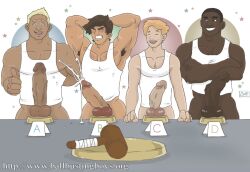 4boys armpit_hair arms_behind_head balls bara black_hair blonde_hair brown_hair buzz_cut champsartlocker clenched_teeth crossed_arms cum cumshot dark_skin erection gay ginger grin light_skin male male_only muscular one_arm_behind_back original penis pubic_hair tagme tan_skin tank_top thumbs_up veiny_penis white_tank_top yaoi