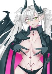 1girls :p black_cape blush breasts cape collarbone demon_girl demon_horns double_w fate/grand_order fate_(series) female female_only green_eyes highres horns hourglass_figure large_breasts lilith_(fate) lilith_(second_ascension)_(fate) looking_at_viewer maru_hien navel panties pubic_tattoo solo succubus tattoo tongue tongue_out twintails underwear w white_hair wide_hips wings