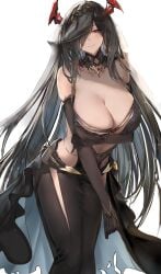 arm_under_breasts azur_lane bare_shoulders black_dress black_gloves black_hair black_veil blush breasts bridal_veil cg cleavage closed_mouth dress elbow_gloves female friedrich_der_grosse_(azur_lane) gloves hair_ornament hair_over_one_eye head_wings horns huge_breasts jewelry large_breasts liaowen long_hair looking_at_viewer mechanical_horns mole official_alternate_costume official_art red_horns simple_background smile solo standing thighs veil very_long_hair wedding_dress white_background yellow_eyes
