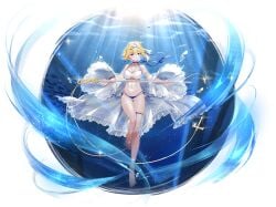 air_bubble alternate_costume anklet azur_lane bare_legs bare_shoulders barefoot bikini blonde_hair blue_bikini blue_choker blue_eyes blue_ribbon blush breasts bubble cg choker cleavage closed_mouth feet female freediving frills full_body hair_ornament hair_ribbon hairband halterneck holding holding_sword holding_weapon jeanne_d'arc_(azur_lane) jeanne_d'arc_(saintess_of_the_sea)_(azur_lane) jewelry large_breasts looking_at_viewer medium_breasts navel o-ring official_alternate_costume official_art rapier revealing_clothes see-through see-through_sleeves short_hair short_hair_with_long_locks side-tie_bikini_bottom skindentation smile solo standing stomach swimsuit sword thigh_strap thighs toes transparent_background underwater water weapon white_bikini