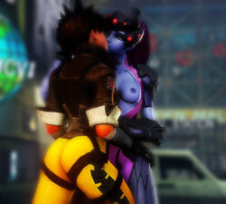 2girls 3d ass bodysuit breasts brown_eyes brown_hair brown_skin female female_only gloves helmet kissing lipstick long_hair medium_breasts multiple_girls nipples open_clothes overwatch ponytail purple_hair purple_skin short_hair source_filmmaker tied_hair tracer widowmaker yuri