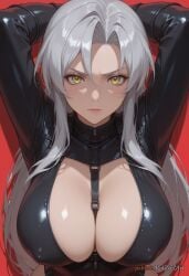 1girl 2025 ai_generated arms_behind_head arms_up bangs black_bodysuit blush bodysuit breasts cleavage closed_mouth covered_nipples female female_focus kiba_mikoto large_breasts latex lips long_hair long_sleeves looking_at_viewer nsfw parted_bangs red_background rognezart shiny shiny_clothes shiny_skin simple_background solo triage_x upper_body white_hair yellow_eyes zipper