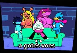 2_horns absurd_res ai_generated anthro antlers balls berdly big_breasts big_penis blonde_hair blue_balls blue_body blue_feathers blue_penis blue_skin bovid breasts capreoline caprine clothing deltarune english_text erection female freckles fur genitals glasses goat green_clothing group hair hellsonger hi_res horn human interspecies kris_(deltarune) male male/female mammal meme nipples noelle_holiday nude penis pink_body pink_horn pink_horns ralsei reindeer scalie scarf smile susie_(deltarune) text undertale_(series) white_body