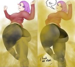 ass_bigger_than_torso blush bubble_butt embarrassed embarrassed_female english_text fart fart_cloud fart_fetish farting female heart navi02 panties_visible_through_clothing purple_eyes purple_hair simple_background smile thick_ass thick_thighs wide_hips