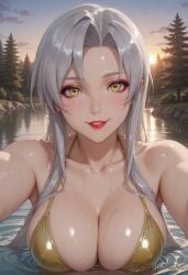2025 ai_generated bangs bare_shoulders bikini blush breasts cleavage cloud collarbone female female female_focus grey_hair kiba_mikoto large_breasts lips lipstick long_hair looking_at_viewer makeup nsfw outdoors outstretched_arms parted_bangs parted_lips partially_submerged red_lips reflection rognezart shiny shiny_clothes shiny_skin sky smile solo sunset swimsuit tree triage_x upper_body water wet wet_hair yellow_bikini yellow_eyes