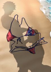 1boy absurdres ahoge american_flag american_flag_print bikini clothes_pull commentary dressed_shadow_(meme) english_commentary fate/grand_order fate_(series) fellatio female flag_print fujimaru_ritsuka_(male) hand_on_another's_head highres implied_nudity long_hair meme miyamoto_musashi_(fate) miyamoto_musashi_(swimsuit_berserker)_(fate) miyamoto_musashi_(swimsuit_berserker)_(first_ascension)_(fate) ocean oral owner1657 paid_reward_available pants pants_pull penis sand short_hair squatting standing standing_fellatio swimsuit unworn_bikini_bottom unworn_bikini_top