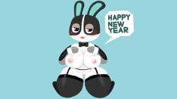 animal_crossing anthro areola bedroom_eyes big_breasts black_body black_bow_tie black_clothing black_eyes black_fur black_legwear black_thigh_highs blue_background blue_inner_ear blush blush_lines bow_tie breasts clothing costume digital_drawing_(artwork) digital_media_(artwork) dotty_(animal_crossing) featureless_hands featureless_legs female female_anthro fur garter_belt garter_straps genitals gloves hand_on_breast hands_on_own_breasts handwear holidays humanoid_genitalia humanoid_vulva kneeling lagomorph legwear leporid lineless looking_at_viewer mammal multicolored_arms multicolored_body multicolored_fur narrowed_eyes navel new_year nintendo nipples open_mouth pangotime pink_areola pink_nipples pubes pussy rabbit red_blush reverse_bunny_costume seducing_viewer seductive simple_background solo thick_thighs thigh_highs translucent translucent_armwear translucent_clothing translucent_elbow_gloves translucent_gloves translucent_handwear two_tone_arms two_tone_body two_tone_fur vulva white_body white_fur white_pubes white_pussy white_sclera white_shirt_cuffs white_speech_bubble white_vulva wide_hipped_anthro wide_hipped_female wide_hips