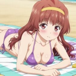 alisa_takanomiya bangs bikini bikini_bottom blush brown_eyes brown_hair female front-tie long_hair looking_at_viewer medium_breast on_stomach on_towel removed_top side-tie solo yellow_hairband