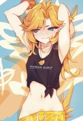 armpits arms_up bare_arms bird_tail black_tank_top blonde_hair blonde_pubic_hair clothes_writing commentary dokibird_(vtuber) dokibird_(vtuber)_(summer) ear_piercing eyes_visible_through_hair female female_pubic_hair green_eyes highres indie_virtual_youtuber jewelry long_hair midriff navel official_alternate_costume pendant piercing pointy_ears pubic_hair pubic_hair_peek ricegnat scrunchie shirt solo sweat tail tank_top tied_shirt upper_body virtual_youtuber wrist_scrunchie