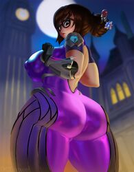 ass big_breasts bodysuit breasts brown_hair cosplay costume_change dclzexon erect_nipples favorite female female_only glasses huge_ass large_breasts mei_(overwatch) nipples overwatch skin_tight solo tight_clothes widowmaker_(cosplay)