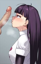 1boy 1girls cock imminent_oral sabrina_(pokemon) sabrina_(pokemon_adventures) team_rocket team_rocket_uniform
