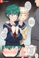 1male 2girls blonde_hair blush english_text faceless_male female_deku feminization freckles green_eyes green_hair hand_on_shoulder himiko_toga izuku_midoriya medium_breasts midoriya_izuku my_hero_academia open_mouth original_character patreon_logo rudy_saki rule_63 school_uniform schoolgirl schoolgirl_uniform spiky_hair text_bubble toga_himiko vampire_teeth yellow_eyes