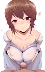 blush breasts brown_eyes brown_hair censored cum ejaculation_between_breasts female girls_und_panzer han_(jackpot) heart large_breasts looking_at_viewer nishizumi_maho paizuri paizuri_under_clothes parted_lips short_hair smile solo_focus spoken_heart