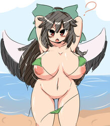 1girls areolae armpits arms_up beach black_hair black_wings blush breasts brown_eyes collarbone female green_bikini green_swimsuit hair_ornament hair_ribbon hand_behind_head huge_breasts long_hair looking_at_viewer micro_bikini moyashi_udon navel nipple_slip nipples no_humans ocean open_mouth outdoors plump puffy_nipples pussy ribbon sketch solo standing string_bikini summer swimsuit team_shanghai_alice touhou uncensored utsuho_reiuji wardrobe_malfunction wide_hips wings youkai