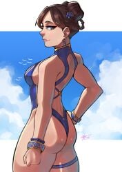 absurdres alternate_costume ass back_cutout bead_bracelet beads belt blue_one-piece_swimsuit bracelet breasts brown_eyes brown_hair capcom chun-li clothing_cutout cloud cloudy_sky commentary corviwing curvy dated double_bun earrings english_commentary female female_only flower from_side hair_bun hair_flower hair_ornament hair_rings hand_on_own_hip highleg highleg_one-piece_swimsuit highres huge_ass jewelry looking_at_viewer official_alternate_costume one-piece_swimsuit sideways_glance signature sky solo street_fighter street_fighter_6 swimsuit thigh_belt thigh_strap thong_one-piece_swimsuit wide_hips