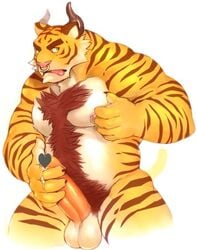 1boy anthro balls bovine cattle erection feline hybrid iceman1984 male male_only mammal masturbation muscular nipples penis solo tiger tongue