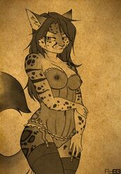 anthro breasts cameltoe claire feline female foxboy83 furry garter_belt garter_straps hair leopard lingerie looking_at_viewer mammal monochrome navel nipples pussy sepia solo spots