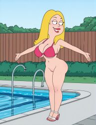 1girls 20th_century_studios accurate_art_style ai_generated american_dad big_breasts bikini_top blonde_hair bottomless breasts cleavage disney feet female francine_smith high_heel_sandals high_heels light-skinned_female light_skin lipstick long_hair makeup mature_female milf navel pool poolside pussy red_lipstick sandals sexfightfun solo standing water