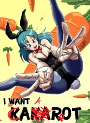 1girls acpuig anus areola_slip ass bangs big_ass blush bowtie breast_press breasts bulma_(bunny) bulma_briefs bunny_costume bunny_ears bunny_tail bunnygirl bunnysuit cameltoe carrot cleavage clothed detached_collar double_v dragon_ball english_text eyelashes fake_animal_ears female female_only fluffy_tail food gesture hairband happy highres kneepits large_breasts long_hair looking_at_viewer open_mouth perspective plump_labia rabbit_ears smile solo spread_legs teal_eyes teal_hair teenager text tights v vegetable voluptuous wrist_cuffs