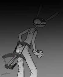 1boy 4_fingers anthro arm_tuft bodily_fluids clothed clothed_male clothing crossbow dildo elbow_tuft fingers glitch_productions harness jax_(tadc) jax_(the_amazing_digital_circus) lagomorph leporid looking_back male male_only mammal mouthless rabbit ranged_weapon scared sex_toy solo sparkles standing sweat the_amazing_digital_circus tuft weapon zestyzoma