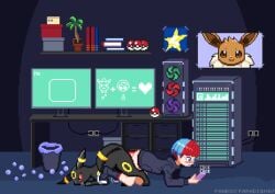 animal_genitalia animal_penis animated artificial_insemination ass_to_ass black_clothing black_hoodie black_topwear blue_hair book box canine_genitalia clothed clothing computer container digital_media_(artwork) duo eevee eeveelution electronics eyewear female female_on_feral feral feral_penetrating feral_penetrating_human genitals glasses grey_eyes hair hoodie human human_on_feral human_penetrated impregnation inside intersex intersex/female interspecies knot knotted_penis knotting loop male_umbreon mammal monitor multicolored_hair nintendo paradigma7 partially_clothed penetration penis penny_(pokemon) pixel_(artwork) pixel_animation pixel_art pokeball pokemon pokemon_(species) pokephilia red_hair sex team_star topwear trash umbreon vaginal_knotting vaginal_penetration very_short_hair zoophilia