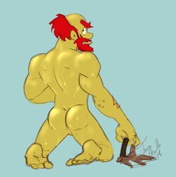 ass beard butt facial_hair groundskeeper_willie hearth_taro human male male_only nude oiled plain_background red_hair solo sweat the_simpsons