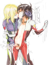 2boys black_hair blonde_hair climax ejaculation erection femboy gundam gundam_seed gundam_seed_destiny handjob kissing male_only multiple_boys orgasm penis ree_(neo-de) rey_za_burrel saliva shinn_asuka tongue tongue_out undressing yaoi