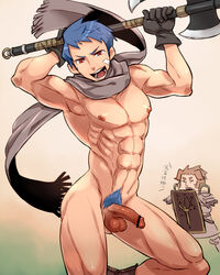 2boys abs armor ass axe blue_hair brown_hair kingu_no_koshi looking_at_viewer male_only multiple_boys muscle nipples open_mouth pecs penis pubic_hair red_eyes scarf shield text translation_request weapon