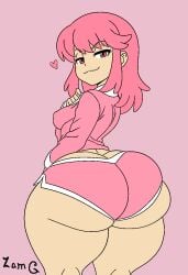 1girls :3 aliasing ass back_view bangs big_ass bottom_heavy curvy dolphin_shorts female female_only gluteal_fold huge_breasts jaggy_lines jakuzure_nonon kill_la_kill kneepits light-skinned_female light_skin lilac_background looking_at_viewer looking_back massive_ass pawg petite pink_background pink_clothes pink_clothing pink_eyes pink_hair pink_shorts pink_theme png presenting_ass purple_background shorts shortstack signature sketch small_breasts smaller_female smile smug smug_face solid_color_background solid_colors solo standing thick_thighs zamboni_ronni31