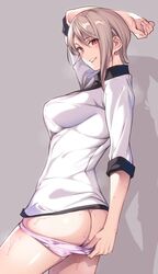 breasts clothed clothing female female_focus female_only light-skinned_female looking_at_viewer medium_breasts medium_hair nakiri_alice nanao_(mahaya) panties panty_pull red_eyes rentaro_kusunoki shokugeki_no_souma solo solo_female solo_focus sweat underwear white_hair