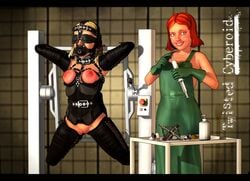 3d apron blindfold bondage breast_bondage breasts cyberoid emilia_(cyberoid) enema enema_syringe female femdom femsub gag gagged kristiina_(cyberoid) medical multiple_girls nipples speculum suspension twisted_cyberoid