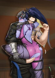 1boy abbb anus black_hair blue_hair blue_skin blush bodysuit brown_eyes clothed_sex crotch_cutout ear_studs female hair hanzo leg_hold leg_wrap long_hair overwatch penis ponytail pussy sex spiked_hair tattoo tied_hair torn_clothes vaginal_penetration veiny veiny_penis widowmaker yellow_eyes