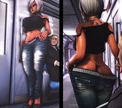 3d ass breasts cia_(the_legend_of_zelda) dark-skinned_female dark_skin earrings hyrule_warriors jeans jewelry jujala large_ass large_breasts midriff panties pointy_ears purple_eyes the_legend_of_zelda thong white_hair