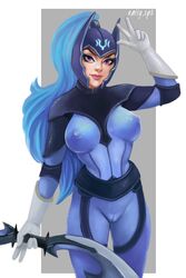 blue_hair bodysuit breasts cameltoe dota_2 gloves hair headgear helmet luna_(dota) natty.spb nipples purple_eyes suit tight_suit