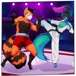 1:1 abs absurd_res ai_assisted ai_generated_background ailurid anthro areola asian_clothing athletic athletic_anthro athletic_male athletic_wear bodily_fluids bottomwear breasts bulge canid canine canis casual_exposure clothed clothing digital_media_(artwork) duo east_asian_clothing erection exposed_breasts eye_contact feet female fight fighting_ring fingers fur genitals gym_bottomwear gym_shorts hair hi_res humanoid_genitalia humanoid_penis japanese_clothing kick kimono looking_at_another male male/female mammal nipples open_clothing open_topwear pants pecs penis penis_poking_out red_panda shorts sicmop smile spread_legs spreading sweat sweatdrop tail toes topless topless_anthro topless_male topwear wolf