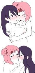 big_breasts blush breasts closed_eyes currentlytr_ash doki_doki_literature_club eyes_closed female_only lesbian long_hair natsuki_(doki_doki_literature_club) pink_hair purple_eyes purple_hair rainbowsprinklesart yuri yuri_(doki_doki_literature_club)