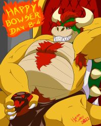 absurd_res anthro armpit_hair belly body_hair bowser bowser_day bulge bulge_grab chest_hair claws clothing hair hi_res horn hyenaradley looking_at_viewer male male_only mario_(series) muscular muscular_anthro muscular_male nintendo pecs shell smile solo spikes teeth underwear