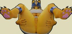 all_fours animal_crossing animal_humanoid ankha ankha_(animal_crossing) anthro anus big_breasts blonde_hair blue_hair bowl_cut breasts claws felid felid_humanoid female genitals hair hi_res humanoid looking_at_viewer mammal mammal_humanoid nintendo pawpads paws pink_pawpads pussy shwazy_(artist) simple_background solo spread_legs spreading yellow_body