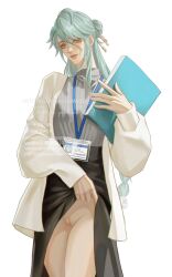 1cuntboy baizhu_(genshin_impact) blue_hair cuntboy cuntboy_only deniserkuo genshin_impact glasses intersex pussy robe_lift solo solo_cuntboy