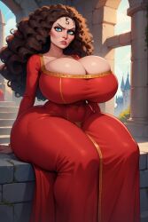 1girls ai_generated angry_face big_ass blue_eyes brown_hair cleavage curvy dark_hair disney disney_villains dress dumptruck_ass eyeshadow facing_viewer fat_ass fat_breasts female_only gigantic_breasts hotcartoonai huge_breasts hyper_ass hyper_breasts hyper_hourglass lard_ass looking_at_viewer milf mommy mother_gothel pawg red_dress sitting solo solo_female tagme villainess wide_hips