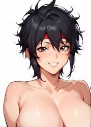 1girls ai_generated areola bangs big_breasts black_eyes black_hair breasts erect_nipples headband kizuna_encounter large_breasts latina nipples peruvian_female rosa_(kizuna_encounter) short_hair