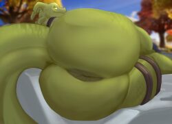 anthro anus ass emote epic_games fisheye_lens fortnite green_body grin hi_res hybrid_(fortnite) looking_at_viewer lying male on_side rear_view reptile scales scalie smile solo tail tiburalgo