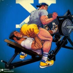 ass ass_grab ass_on_face back back_muscles back_view bara big_ass big_butt bulge cyclops_(x-men) grabbing_ass gym gym_equipment james_howlett julio_leote leg_press leg_press_meme male male_only marvel marvel_comics meme muscles muscular muscular_male muscular_thighs scott_summers sports_shorts wolverine_(x-men) x-men