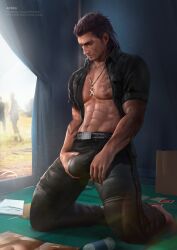 1boy abs appasart bara barefoot black_hair camping cards facial_hair final_fantasy final_fantasy_xv full_body gladiolus_amicitia kneeling male_focus male_only masculine masturbation muscular outdoors scar solo steam sweat tattoo tent towel undressing