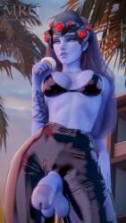 1futa 3d 3d_(artwork) blizzard_entertainment breasts futa_focus futa_only futanari helmet hi_res high_resolution highres ice_cream large_breasts latex moonroomoom overwatch overwatch_2 palm_tree purple_hair purple_skin simple_background solo solo_focus solo_futa widowmaker