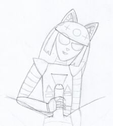 1girls arcadekitten cat_ears cat_girl female first_porn_of_character handjob looking_at_viewer open_mouth robot robot_girl sketch traditional_media_(artwork)