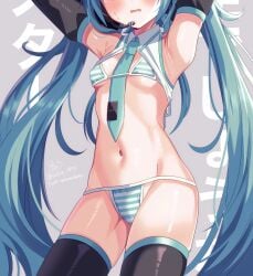 arms_behind_back bikini blue_eyes blue_hair breasts detached_collar detached_sleeves drawing_kanon female from_below hatsune_miku hatsune_miku_(collared_bikini) headset highres long_hair looking_at_viewer meme meme_attire miku_collar_bikini necktie pink_background simple_background small_breasts solo striped_bikini striped_clothes swimsuit thighhighs twintails very_long_hair vocaloid