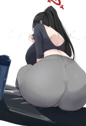 alternate_costume ass ass_focus black_hair blue_archive breasts from_behind gym_clothes halo hasumi_(blue_archive) huge_ass huge_breasts ponytail rear_view sitting sweat water_bottle yoga_pants