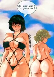 2girls absurd_res almost_naked areolae artist_name artist_signature ass ass_focus beach big_ass big_breasts black_thong blush breasts english_text esper_sisters female female_only fubuki_(one-punch_man) green_eyes green_eyes_female green_hair green_sling_bikini multiple_girls navel nipples o-ring_bikini one-punch_man pussy pussy_peek rombodai sling_bikini smile tagme tatsumaki thick_thighs thong thong_only topless topless_female wide_hips